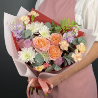 Author's bouquet of pink peony Rose, Mattiola and Fern